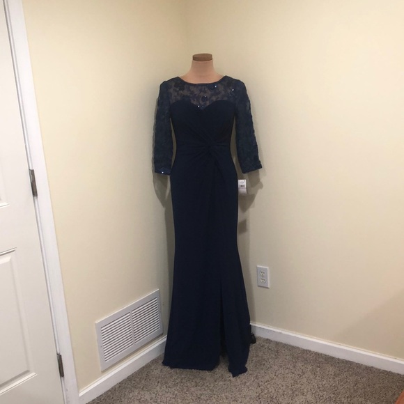 NWT Alex Evenings Formal Maxi Dress Size 6 Navy Blue Knotted Embroidered Gown - Picture 2 of 15